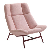 Pink fabric armchair with a smooth texture and modern design. Sleek lines and minimalistic pattern for a stylish look.