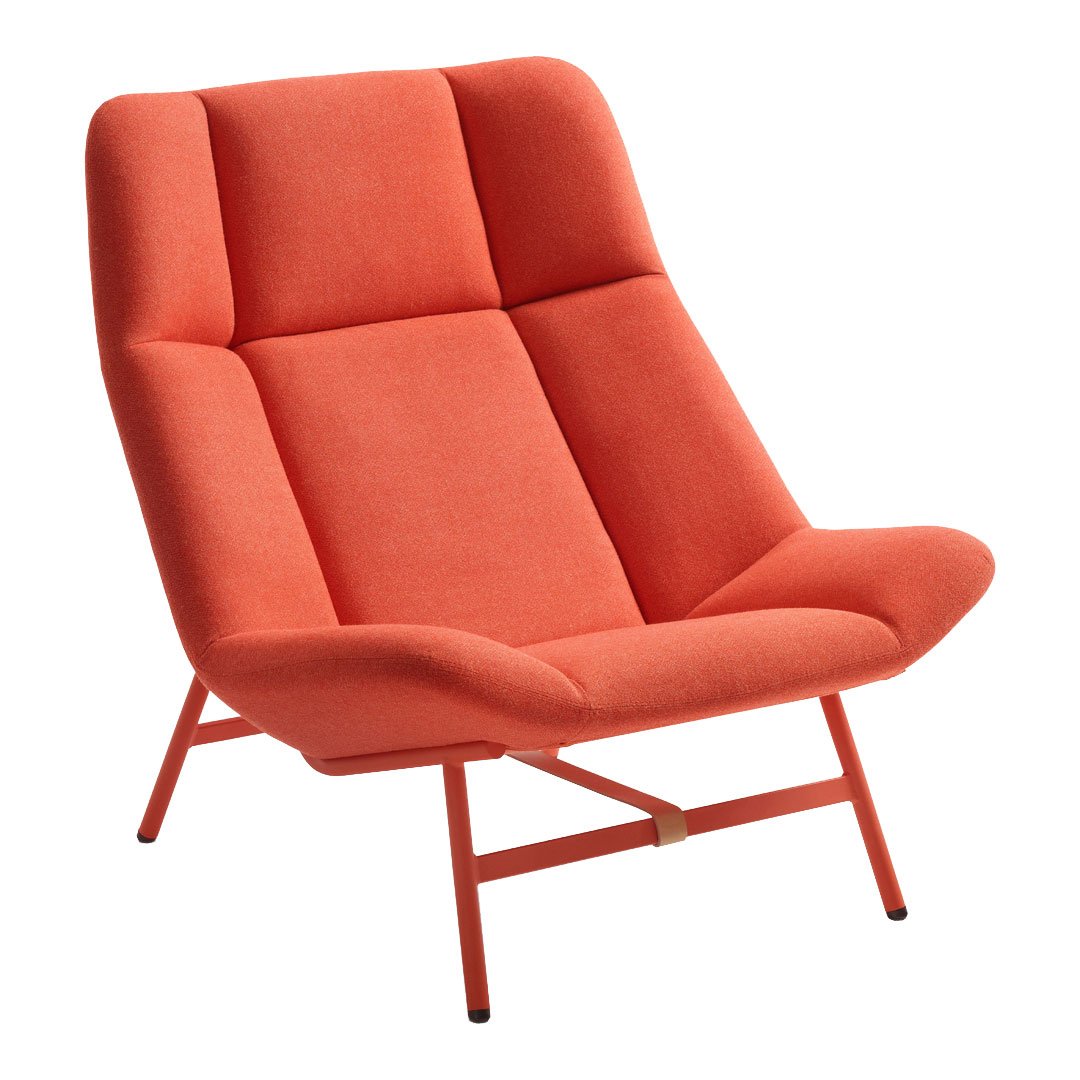 Modern orange lounge chair with a sleek, minimalist design and geometric patterns. Ideal for stylish interiors.