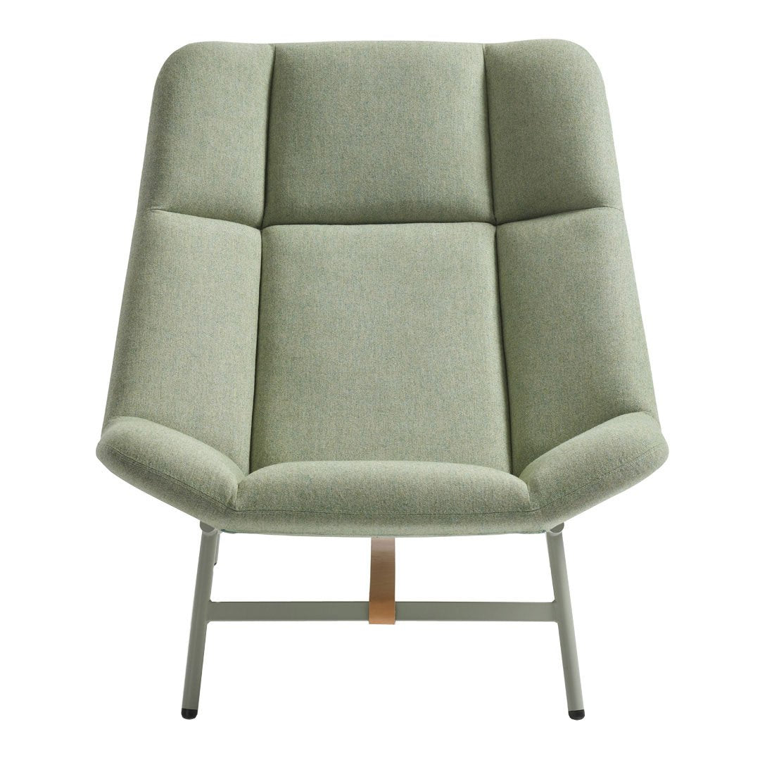 Light green upholstered chair with clean lines and a subtle textured pattern, set on a sleek metal frame.