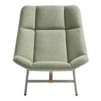 Light green upholstered chair with clean lines and a subtle textured pattern, set on a sleek metal frame.