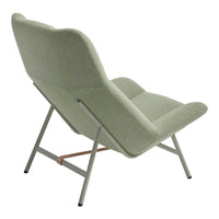 Light green upholstered chair with smooth curves and a minimalist metal frame. Stylish and modern design.