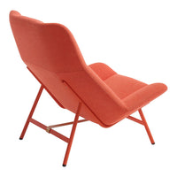 Coral orange upholstered chair with a minimalist design and sleek metal legs, offering a modern aesthetic.