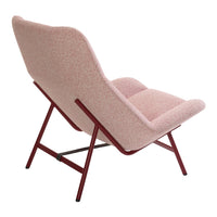 Pink upholstered chair with a textured pattern and a contrasting red metal frame. Ideal for modern decor.