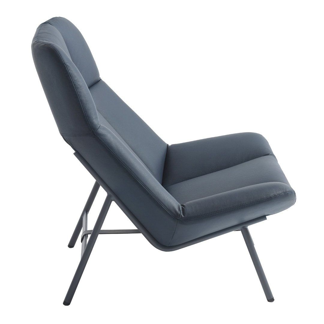 Stylish gray lounge chair with a sleek design and smooth fabric, featuring modern geometric shapes.