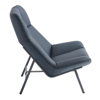 Stylish gray lounge chair with a sleek design and smooth fabric, featuring modern geometric shapes.