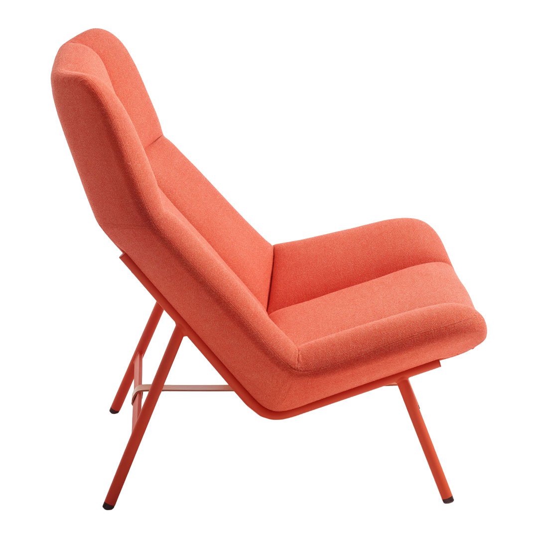 Coral orange accent chair with a sleek, modern design and smooth fabric upholstery, perfect for contemporary decor.