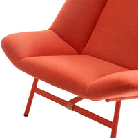 Modern coral orange upholstered chair with smooth, minimalist design and sturdy metal legs. Perfect for contemporary decor.
