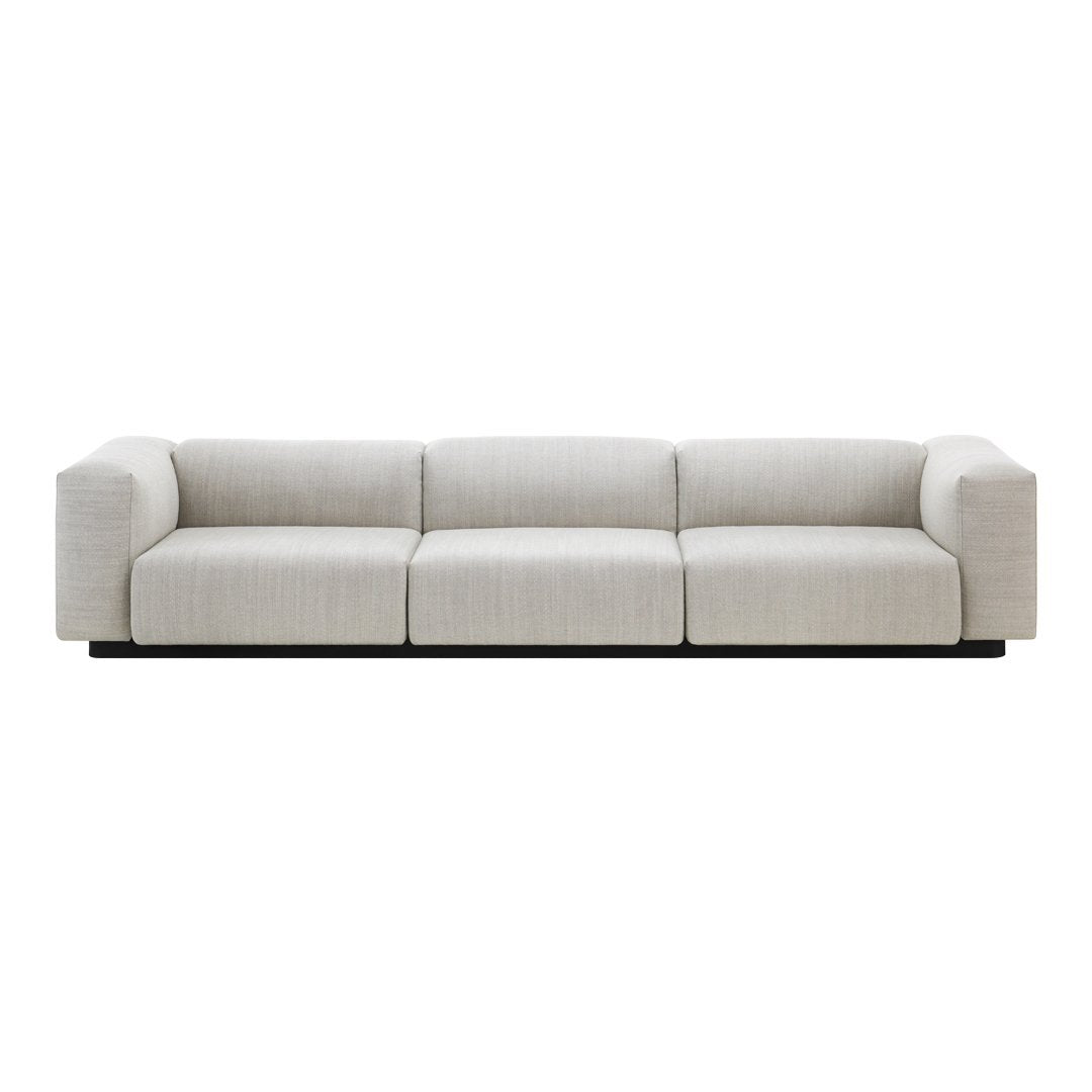 Light beige three-seater sofa with a subtle textured pattern and clean, modern lines, ideal for contemporary spaces.