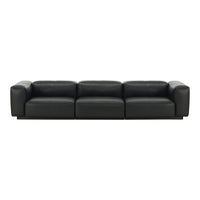 Black leather sofa with smooth texture and minimalist design, featuring a solid color without patterns.