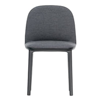 Gray upholstered chair with a smooth, minimalist design and sleek black legs, perfect for modern decor.