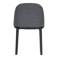 Gray upholstered chair with a smooth, minimalist design and black legs, perfect for modern interiors.