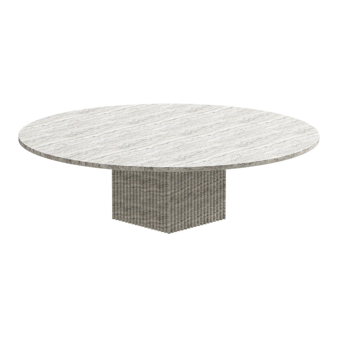 Round coffee table featuring a textured gray surface and a modern grid-patterned base. Elegant and contemporary design.