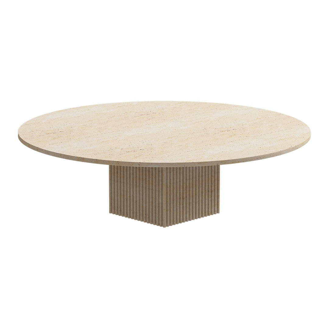 Round beige coffee table with a smooth surface and ribbed pedestal base, showcasing minimalistic design and neutral tones.