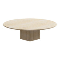 Round beige coffee table with a smooth surface and ribbed pedestal base, showcasing minimalistic design and neutral tones.
