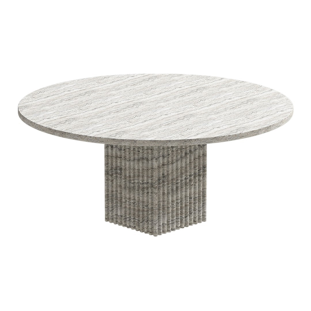 Round gray and white dining table features a textured striped base and a smooth patterned top. Perfect for modern decor.