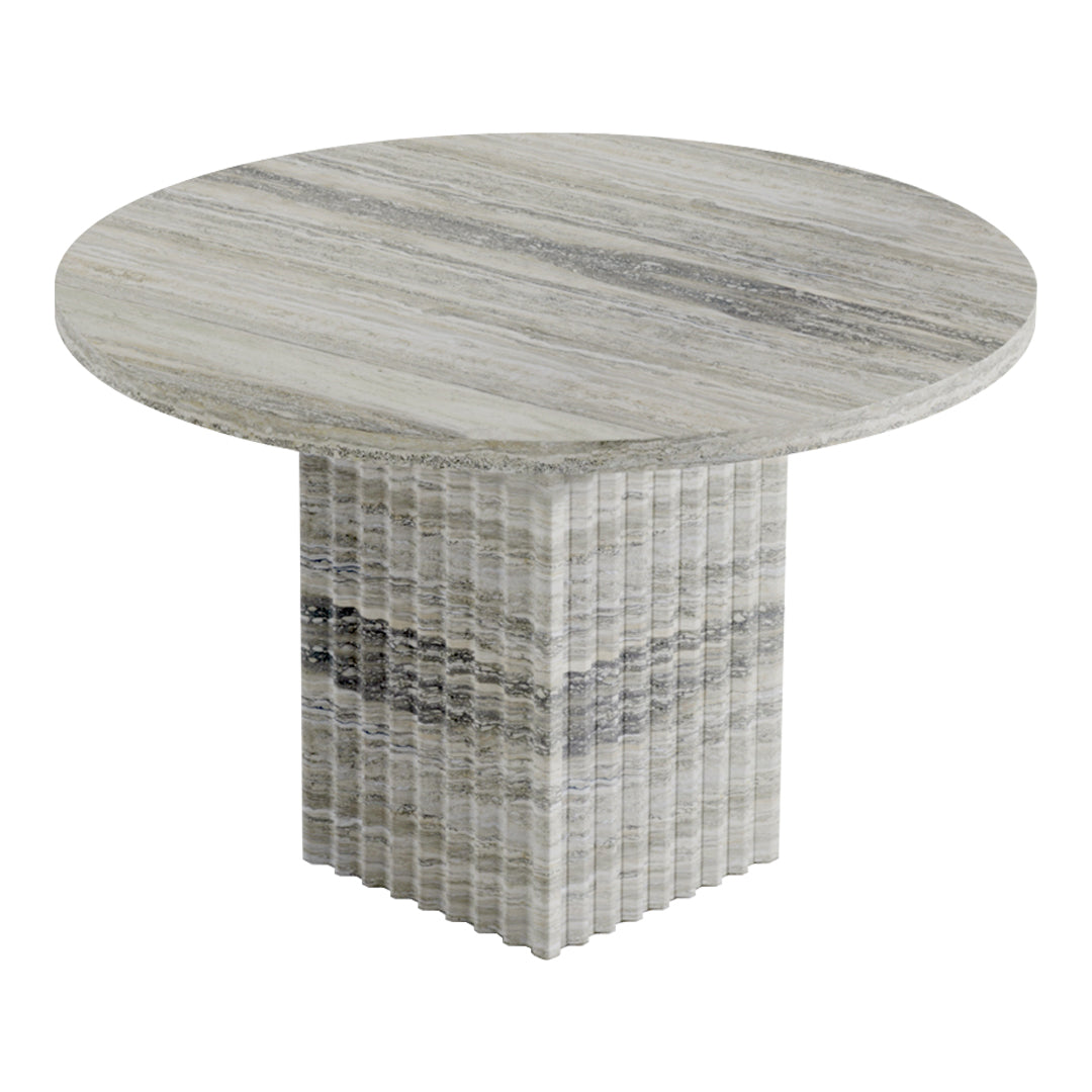 Gray round table with textured surface and striped pattern on pedestal base. Elegant and modern design.