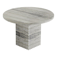 Gray round table with textured surface and striped pattern on pedestal base. Elegant and modern design.