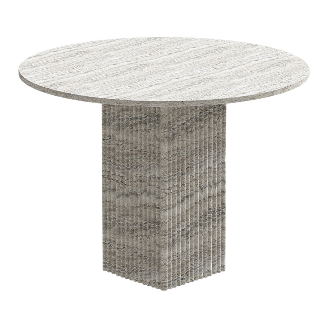 Gray round table with a textured pedestal base and a marble-like top surface. Modern design with subtle patterns.