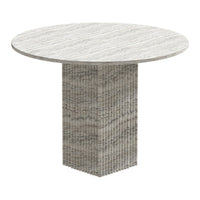 Gray round table with a textured pedestal base and a marble-like top surface. Modern design with subtle patterns.