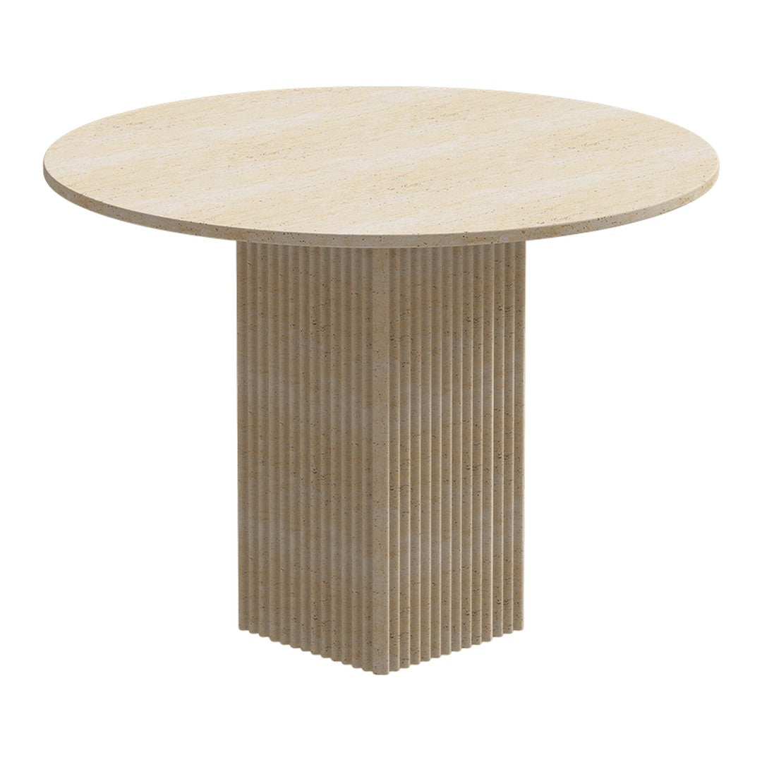 Round table featuring a natural wood finish with a ribbed base design. Light beige tones create a subtle, elegant look.