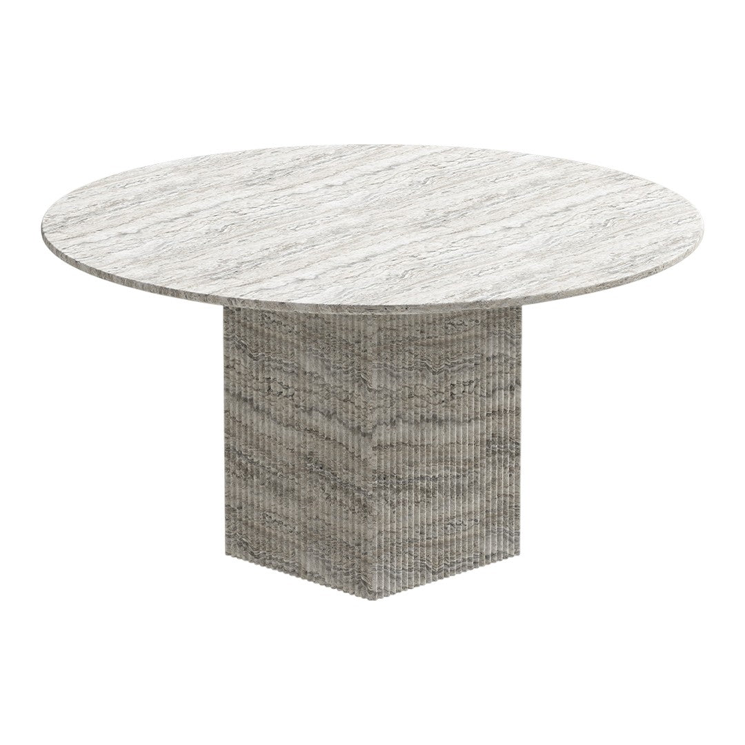 Round grey marble dining table with a textured base, showcasing subtle veining and a sleek, modern design.