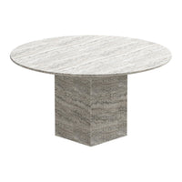 Round grey marble dining table with a textured base, showcasing subtle veining and a sleek, modern design.