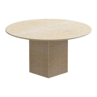 Round beige marble table with a textured base featuring subtle patterns for a modern look. Perfect for any decor.