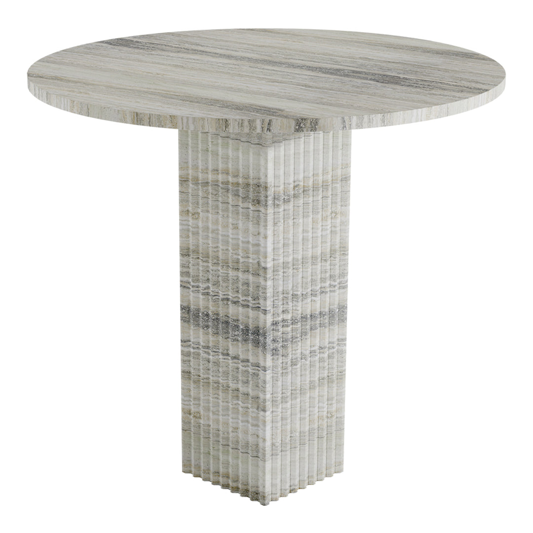 Round accent table with a striped gray and white finish, featuring a sleek, modern design.