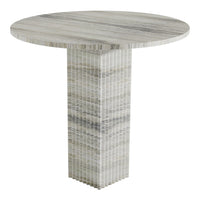 Round accent table with a striped gray and white finish, featuring a sleek, modern design.