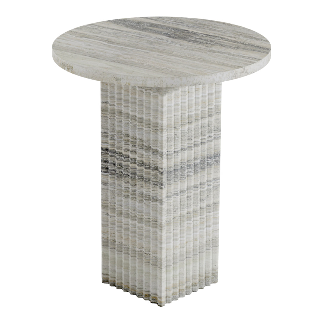 Round marble side table with a gray and white striped pattern, featuring a textured geometric base.