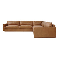 Brown leather sectional sofa with a smooth texture and minimalistic design. Ideal for modern living spaces.