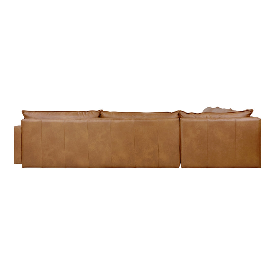 Brown leather sectional sofa with smooth texture and sleek lines, featuring a warm, earthy color palette.