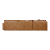 Brown leather sectional sofa with smooth texture and sleek lines, featuring a warm, earthy color palette.