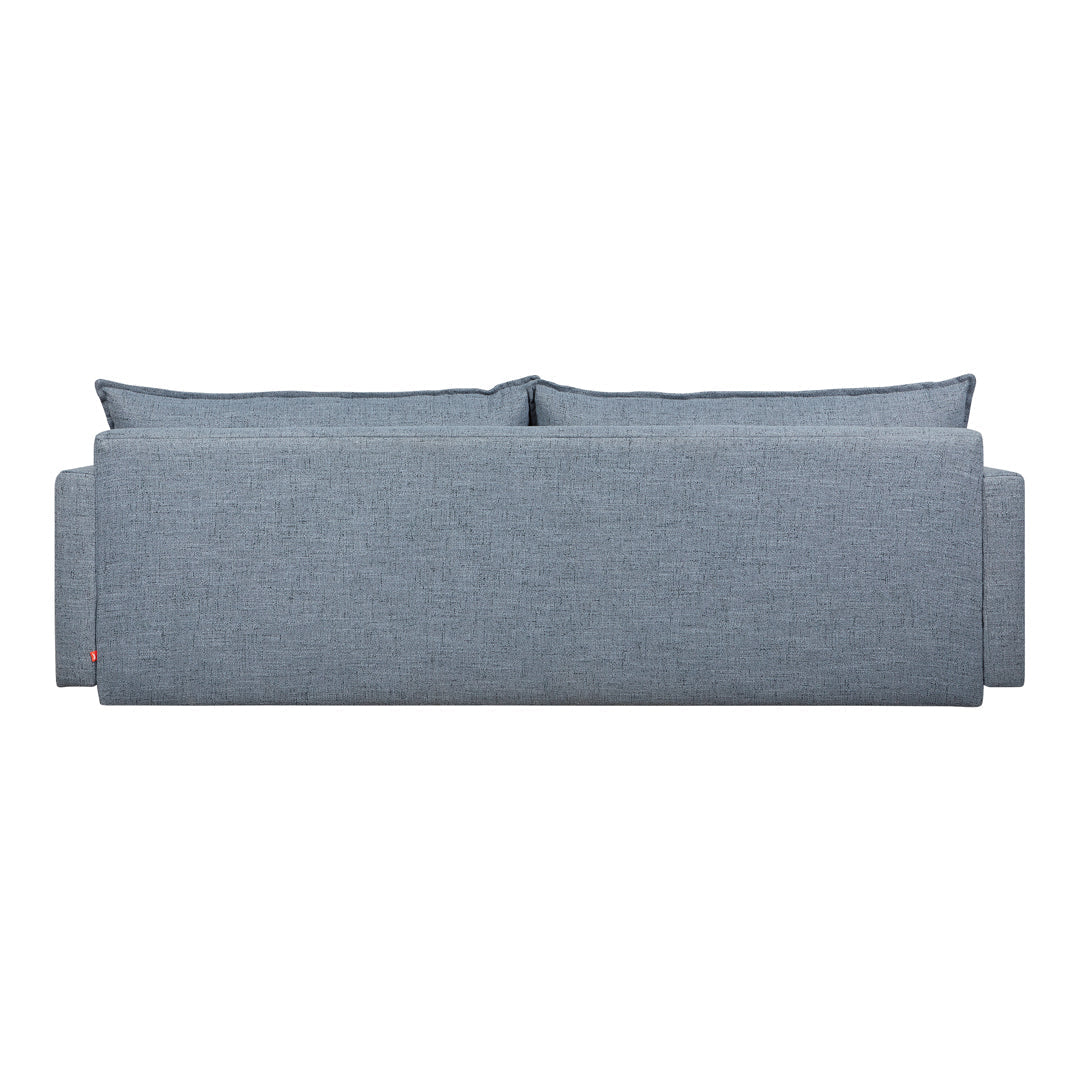 Modern gray sofa with a subtle textured fabric and clean lines, featuring a minimalist design and two plush back cushions.