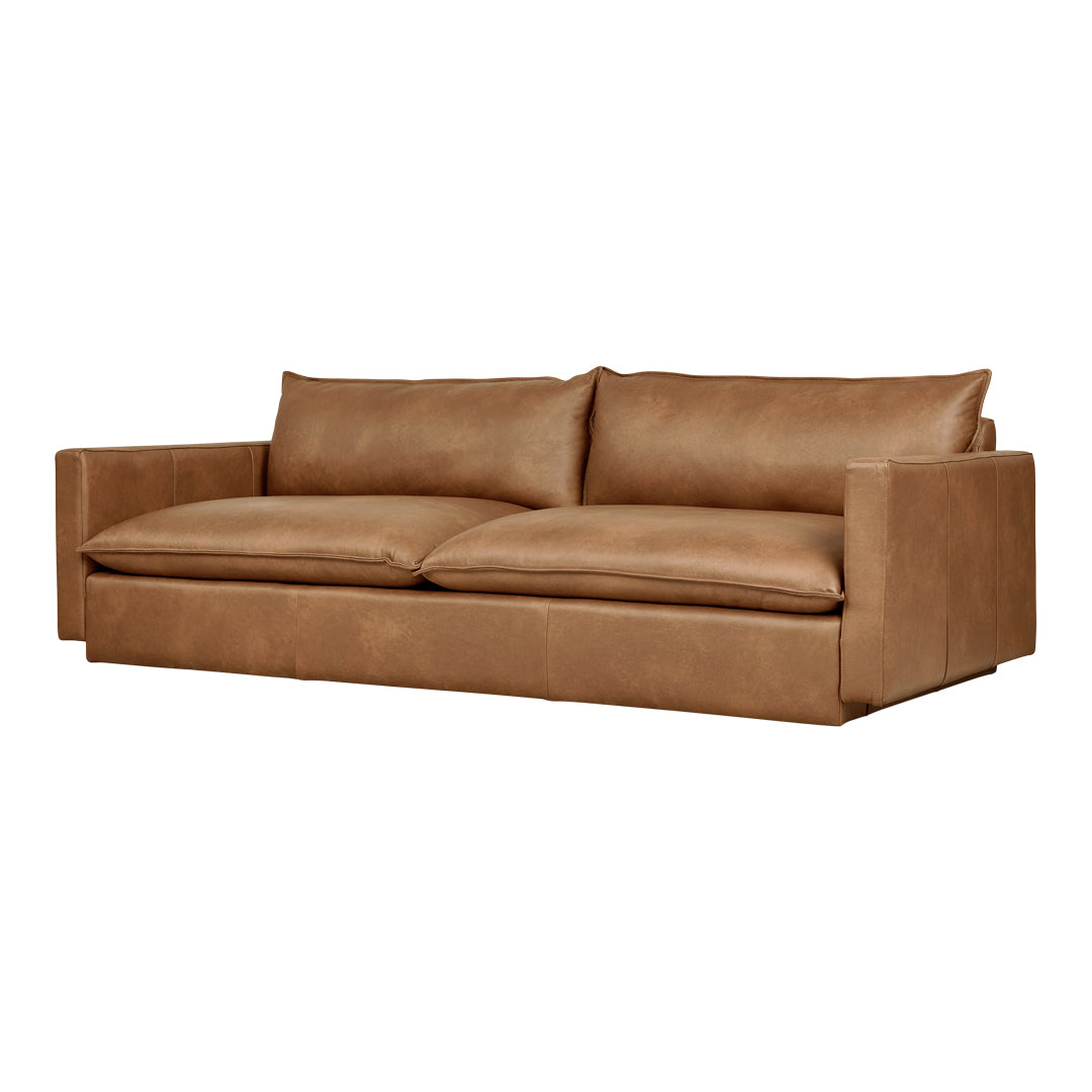Brown leather sofa with a smooth, minimalist design, featuring two wide seat cushions and clean lines.