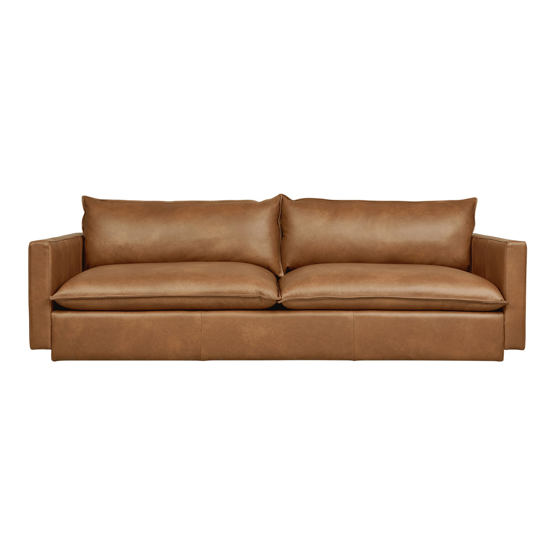 Tan leather sofa with a smooth, minimalist design and plush cushions, perfect for modern living spaces.