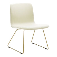 Beige modern chair with minimalist design and gold metal legs, perfect for any contemporary space.
