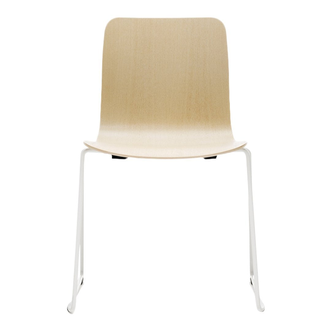 Light natural wood chair with a smooth finish and sleek white metal legs, perfect for modern decor.