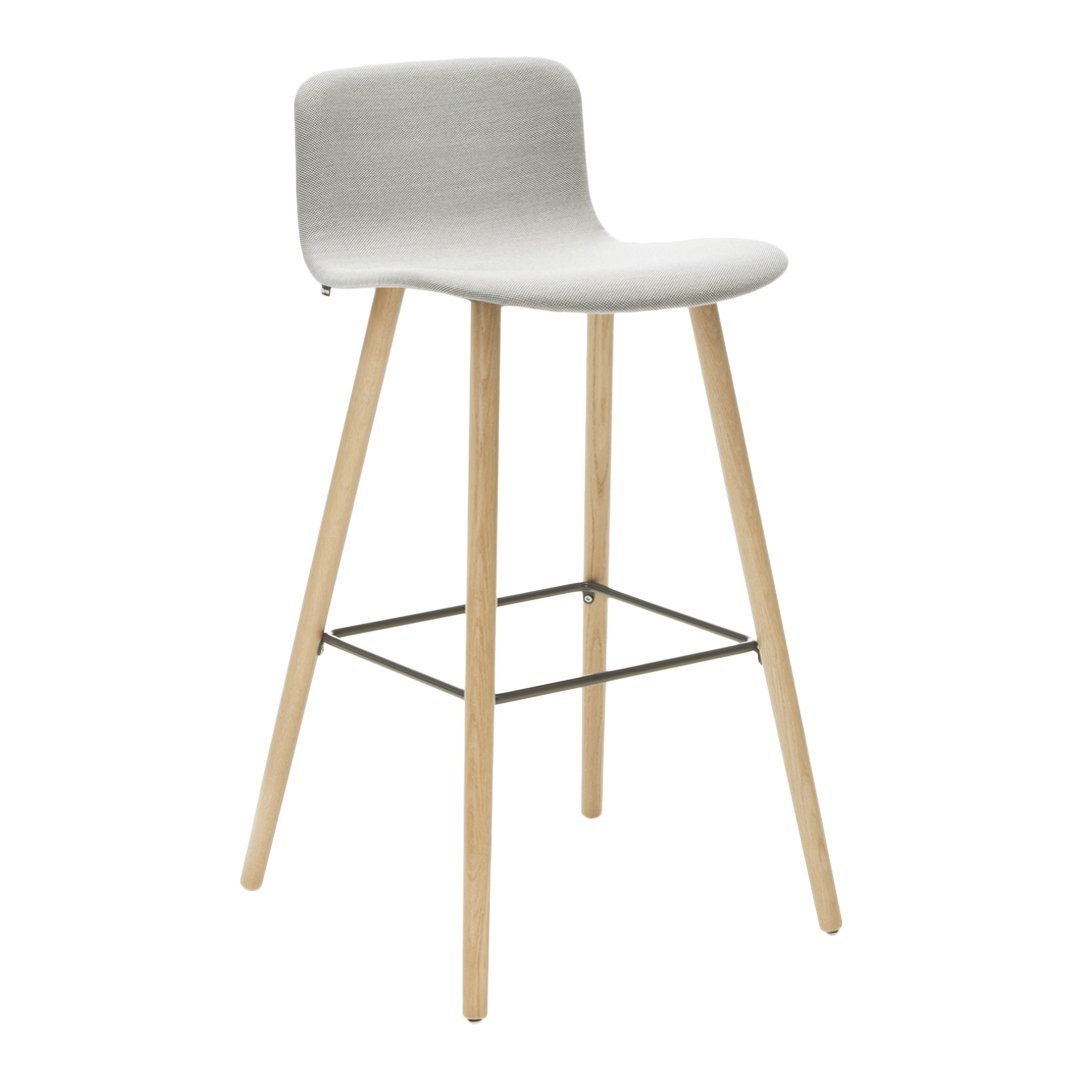 Light gray upholstered bar stool with natural wood legs and black crossbar accent. Modern minimalist design.