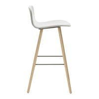 White upholstered bar stool with natural wood legs and a minimalist design, perfect for modern interiors.