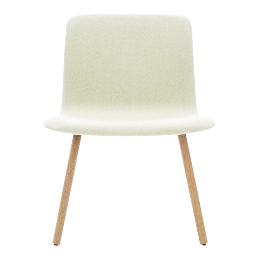 Light beige chair with a smooth, minimalist design and natural wood legs. Perfect for modern home decor.