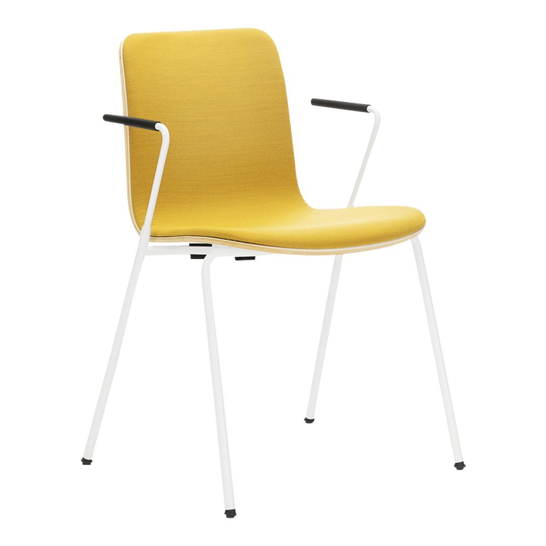 Yellow modern chair with a textured seat and sleek white metal legs, accented by black armrest details.