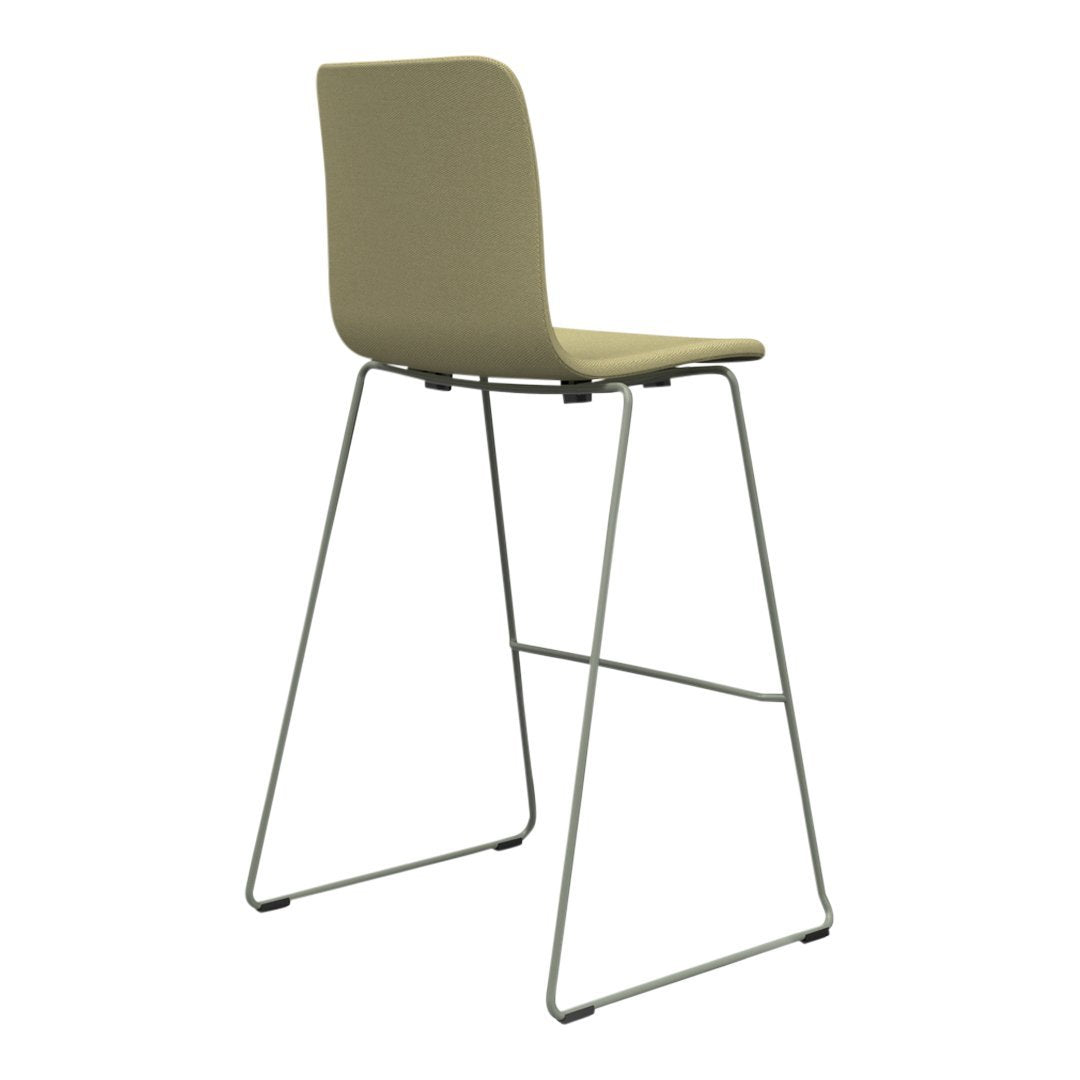 Olive green bar stool with a minimalist design and sleek metal legs, perfect for modern interiors.