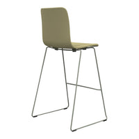 Olive green bar stool with a minimalist design and sleek metal legs, perfect for modern interiors.