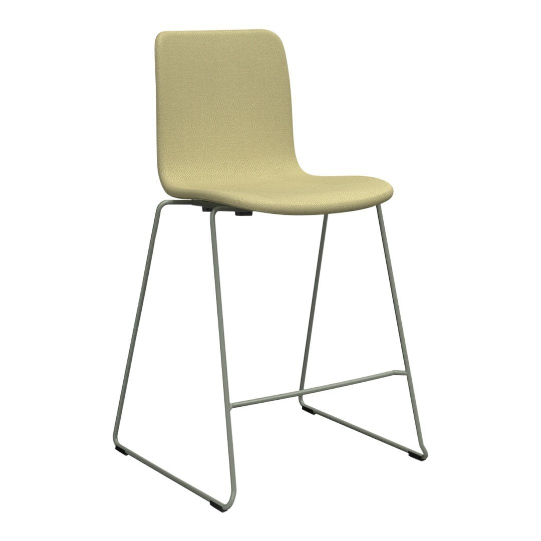 Light beige bar stool with a sleek design and metallic silver legs. Minimalist style for modern decor.