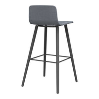 Gray upholstered bar stool with a minimalist design and matte black metal legs, perfect for modern decor.
