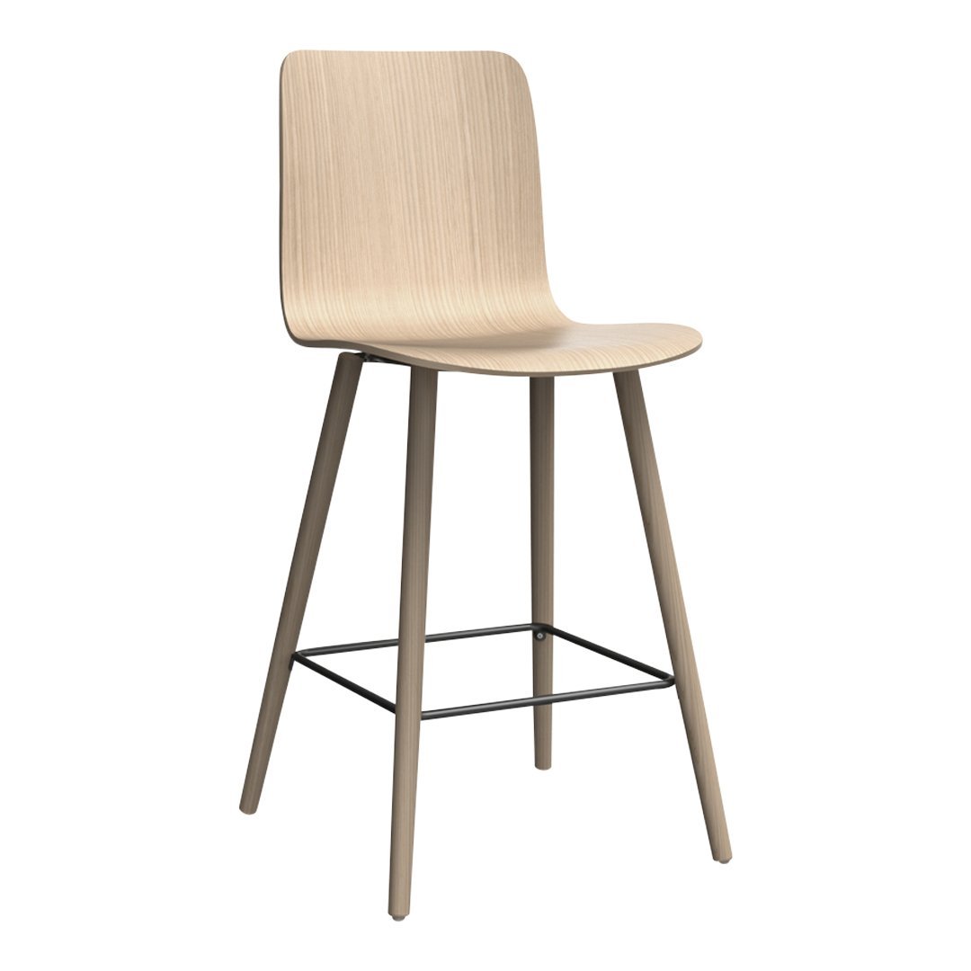 Natural wood bar stool with smooth beige finish and minimalist design, paired with black metal base for modern appeal.