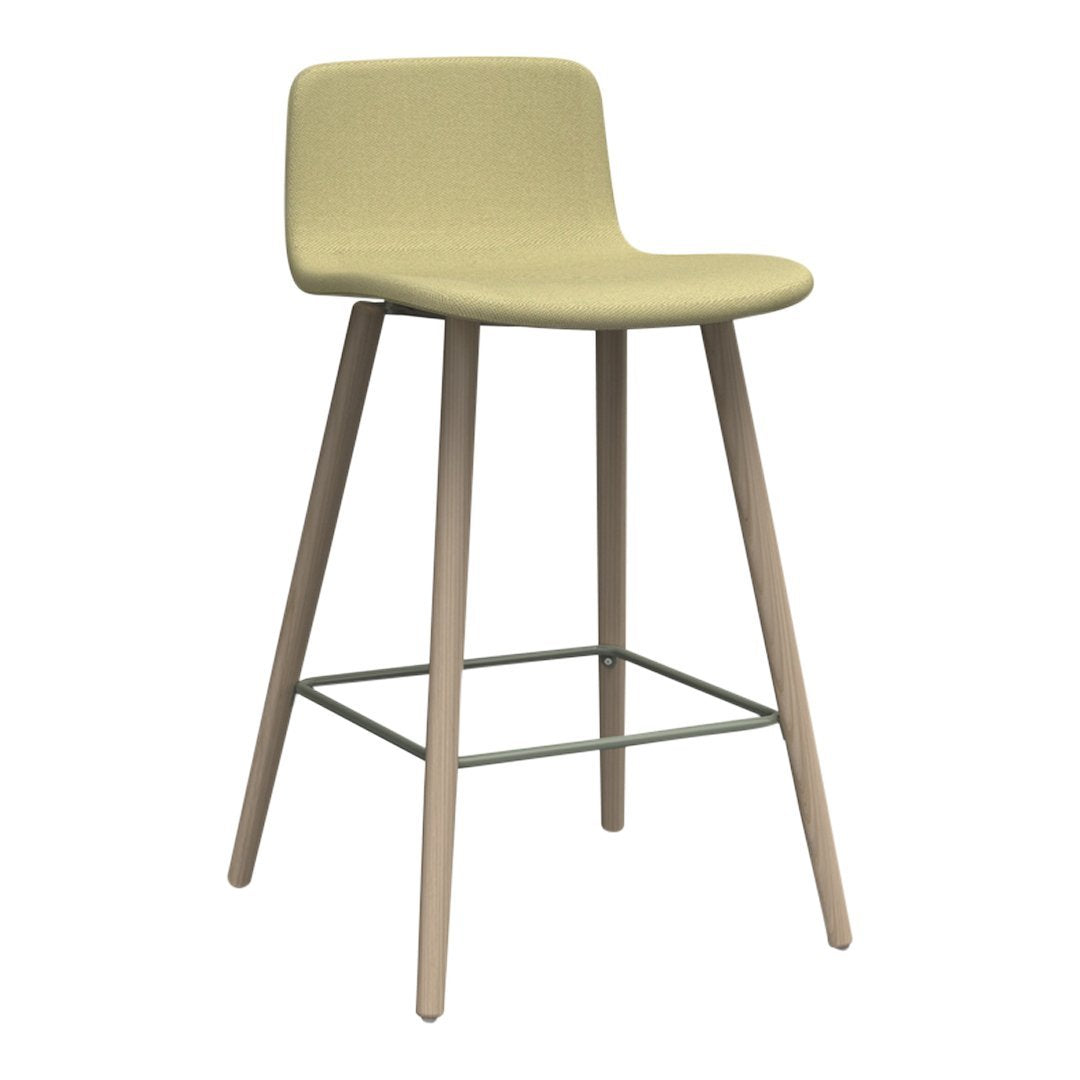 Light green upholstered bar stool with natural wood legs and a minimalist design. Perfect for modern spaces.