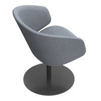 Modern gray upholstered chair with a smooth, curved design and a sleek black circular base. Perfect for contemporary decor.