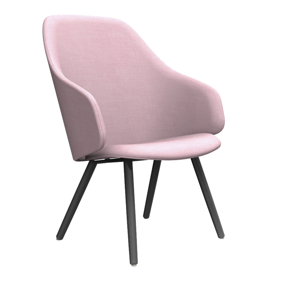 Soft pink upholstered chair with minimalistic design and black legs, perfect for modern decor.